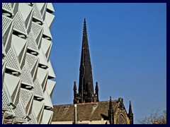 University area - Parking garage, church 